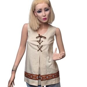 Sears Vintage 70's Tunic Perma Prest Cream Lace Up Embroidered Folk Trim Xsmall